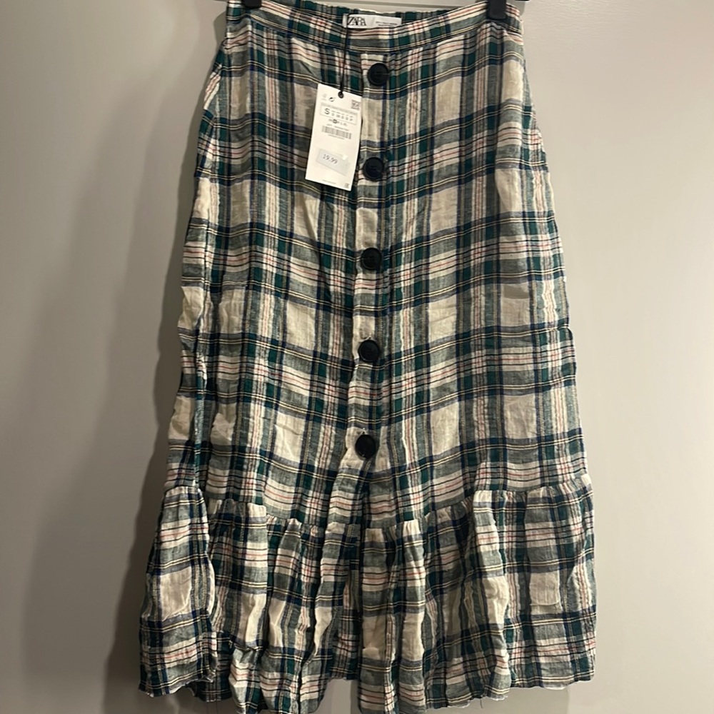 Zara linen plaid midi skirt